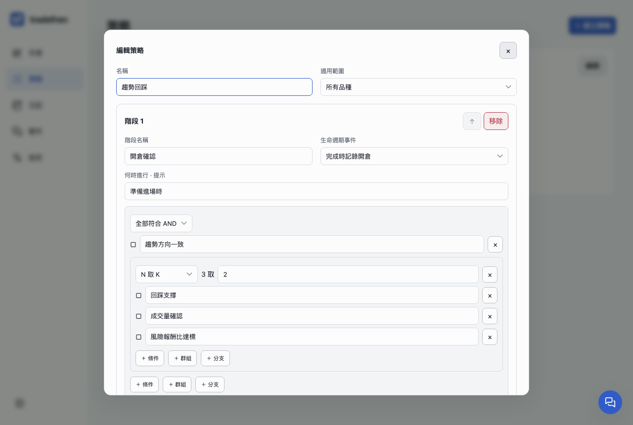 Tradefren 策略編輯器，包含進場確認與巢狀條件。示範資料。